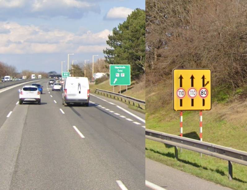 Pruhová značka s vyznačenými regulačnými značkami (max. rýchlosť) pre jednotlivé pruhy pred odpočívadlom Čataj na diaľnici D1 v smere z Bratislavy. Keďže je pruhová značka žltá, platí prechodné ustanovenie do 31. marca 2024 o tom, že platí najďalej po vzdialenejšiu hranicu križovatky, ak nie je ukončená alebo zopakovaná za križovatkou.