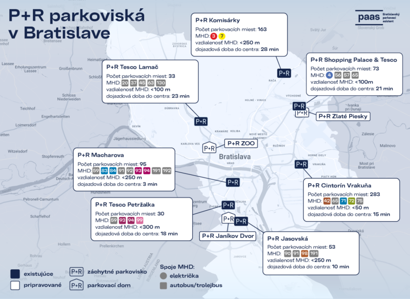 Mapa záchytných parkovísk v Bratislave. Zdroj: PAAS